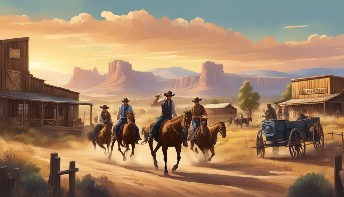 A dramatic showdown between a modern-day ranch and a classic western town, with rugged landscapes and iconic symbols of the American West