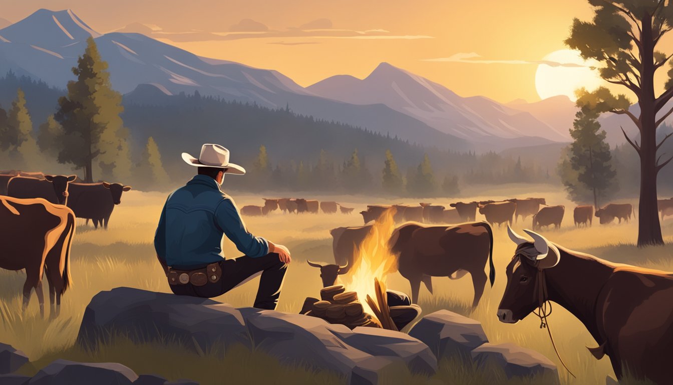 A rugged cowboy sits by a campfire, surrounded by a herd of cattle, with a picturesque western landscape in the background