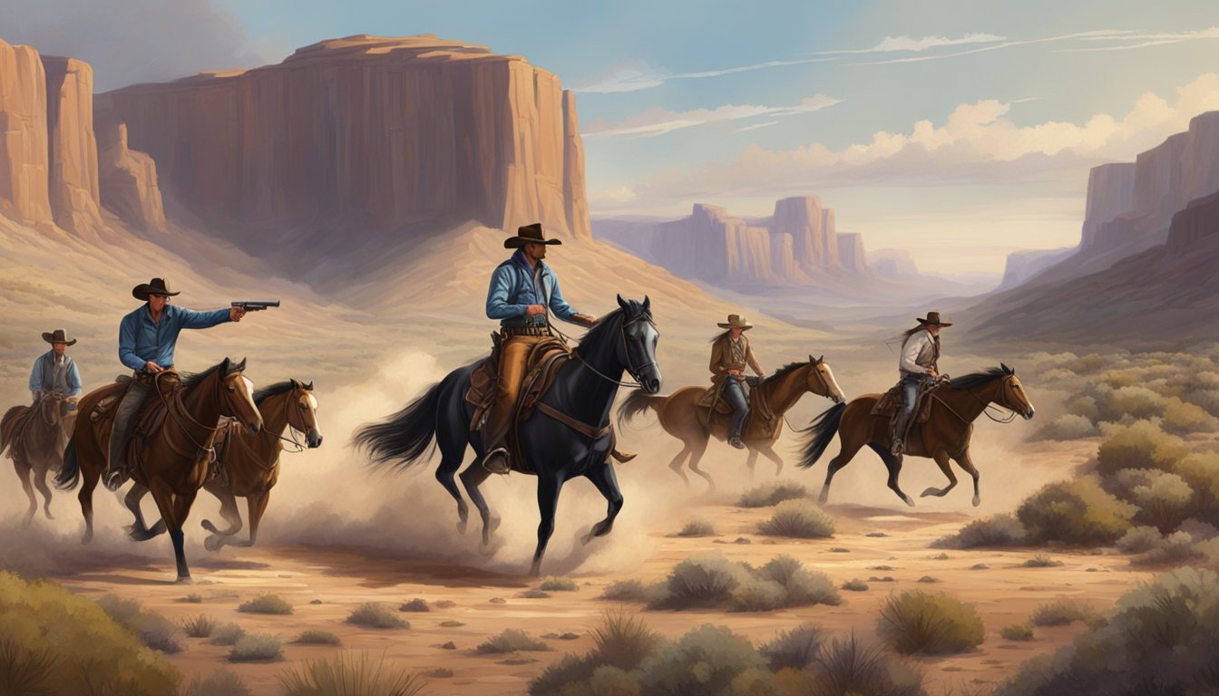 A showdown between modern cowboys in a rugged Western landscape, with horses, guns, and dramatic tension