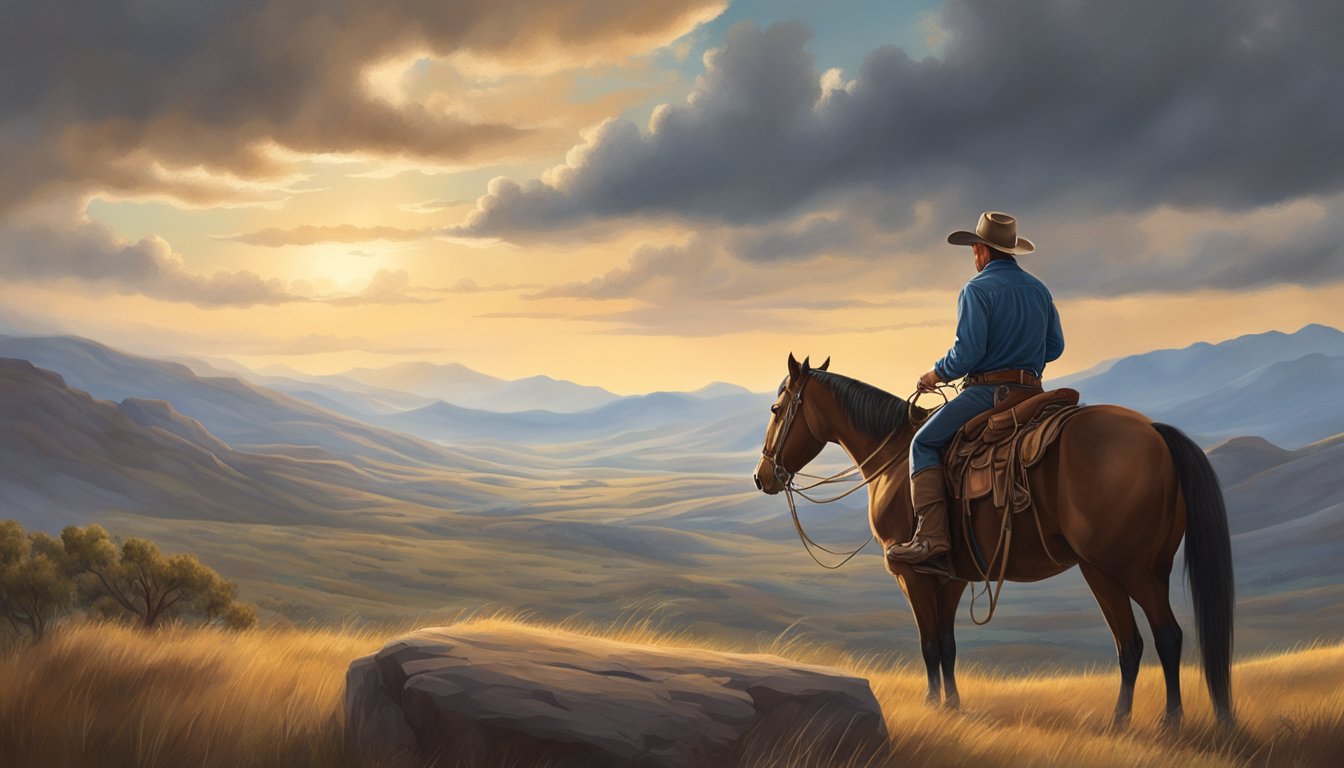 A rugged cowboy on horseback surveys a vast, untamed landscape with rolling hills and a dramatic sky, evoking the spirit of the American West