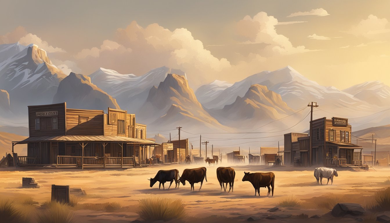 A dusty Western town with saloons and cattle, set against a backdrop of rugged mountains and wide open plains