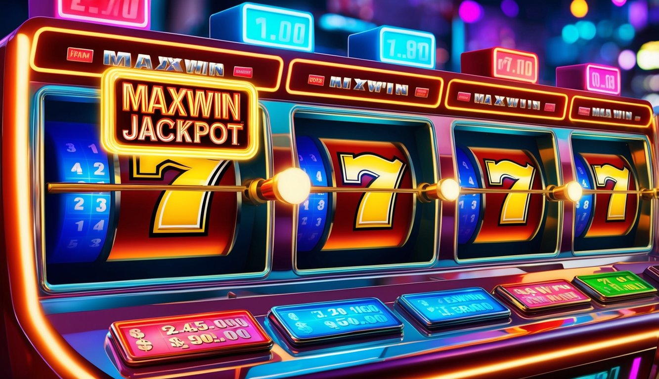 Sebuah platform mesin slot yang cerah dengan lampu yang bersinar dan tampilan jackpot maxwin