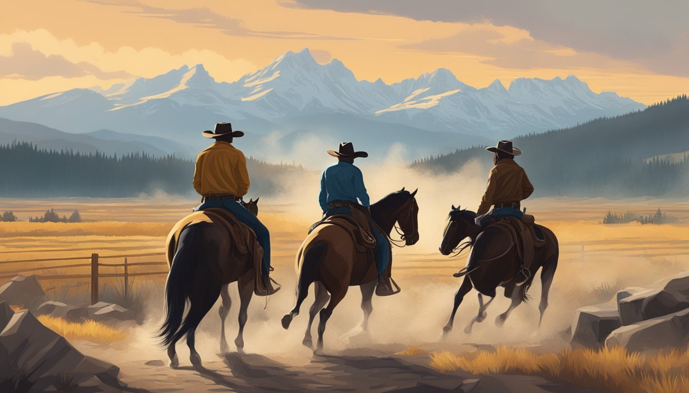 A tense standoff between two rival cowboy gangs, with the majestic mountains of Yellowstone in the background