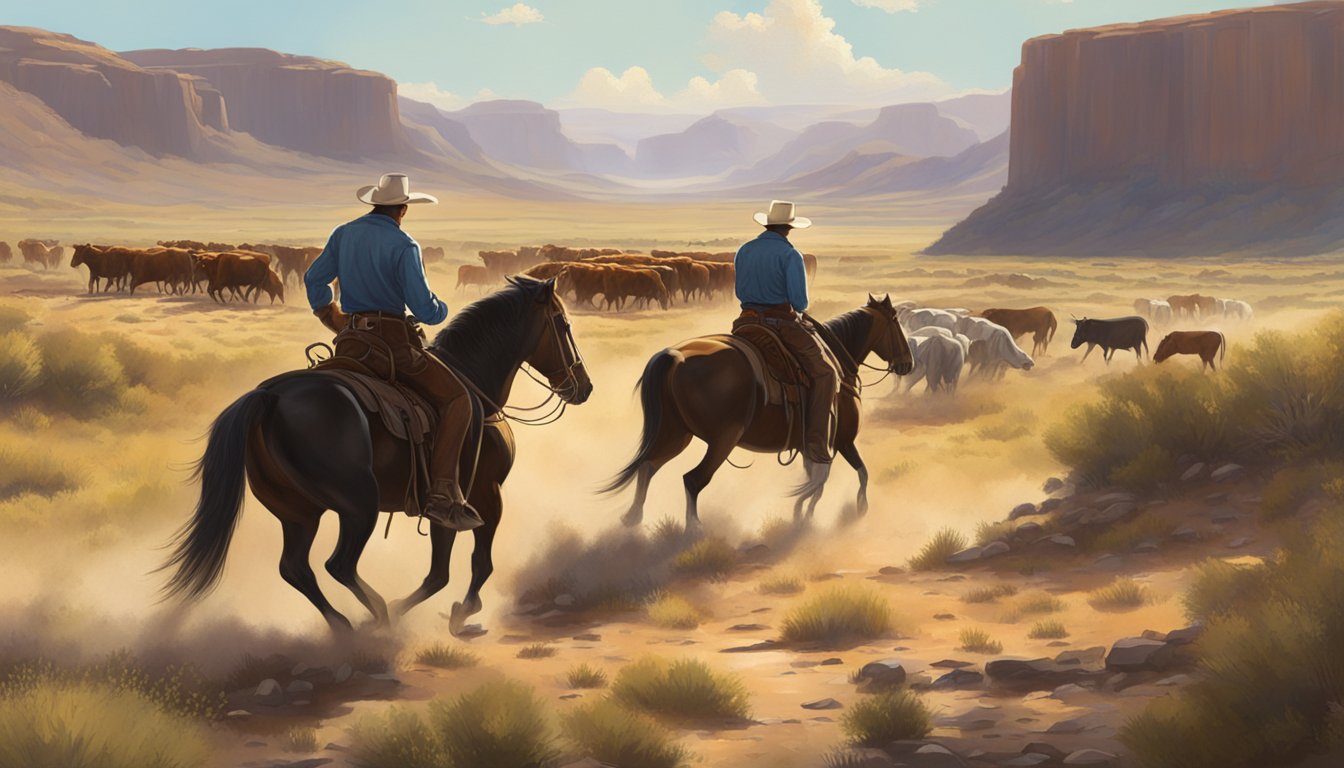 A tense standoff between cowboys on horseback in a rugged, sun-drenched Western landscape, with a herd of cattle in the distance