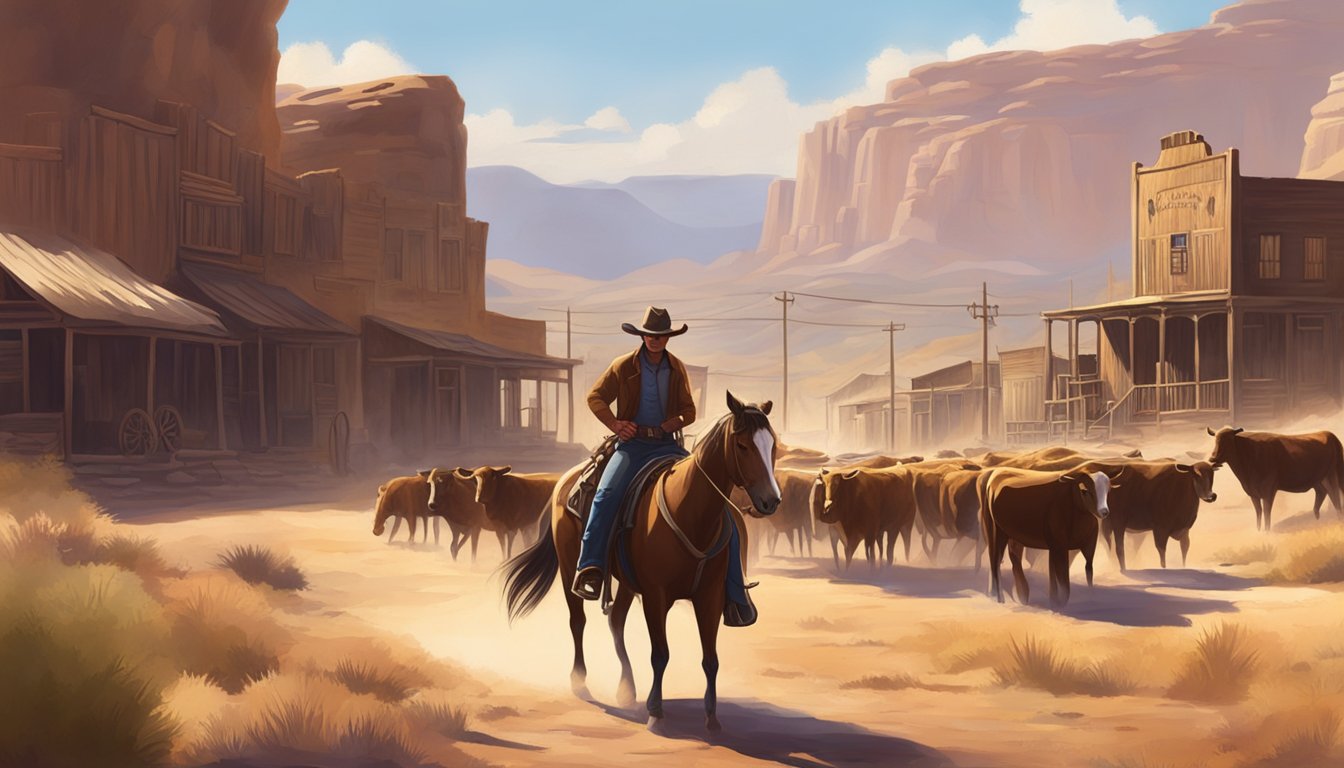 A dusty, sun-drenched western town with saloons and cattle ranches. A lone cowboy on horseback rides through the rugged landscape