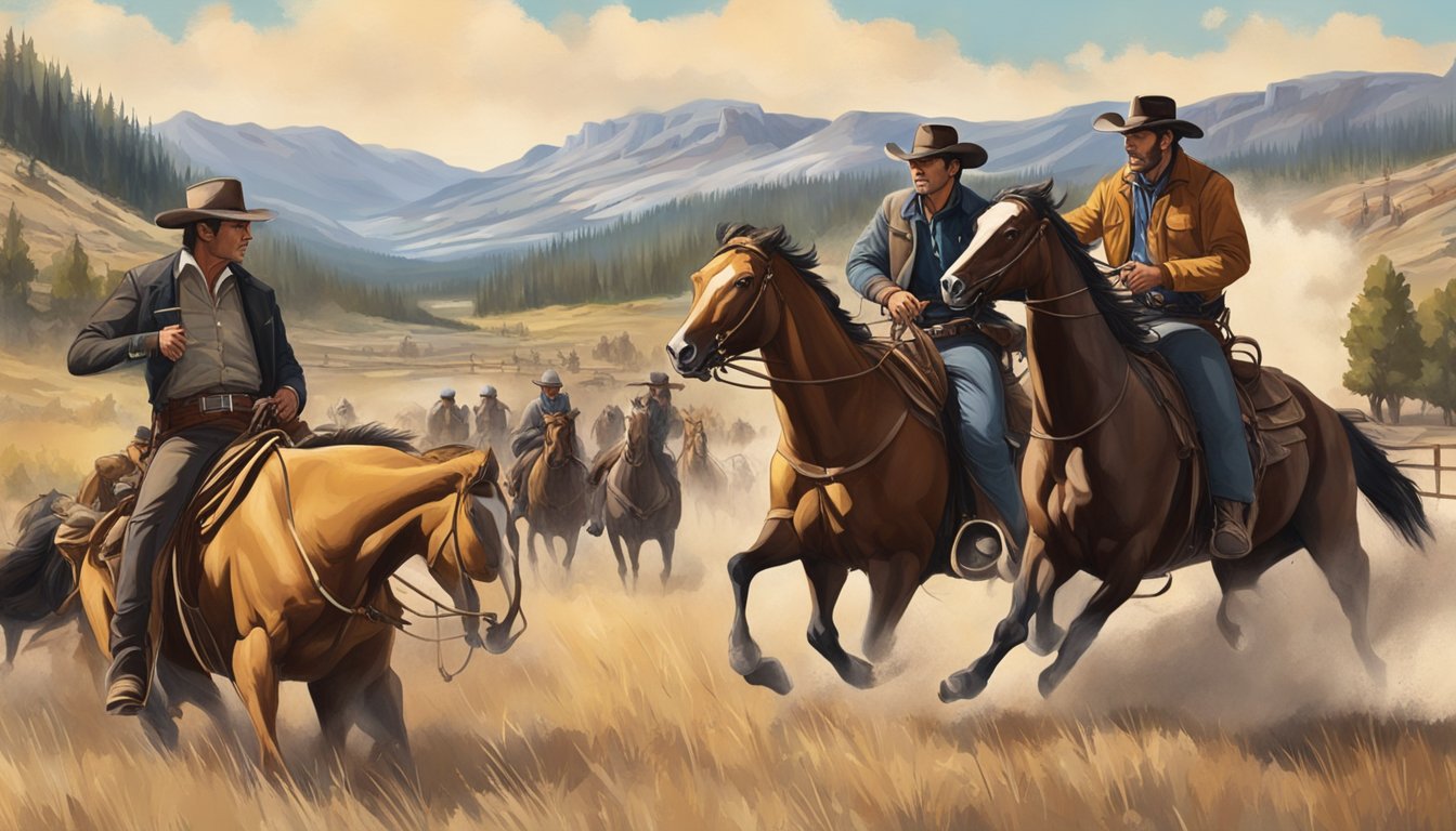 A dramatic showdown between two iconic TV western shows, Yellowstone and Rawhide, set against a rugged, untamed backdrop of the American frontier