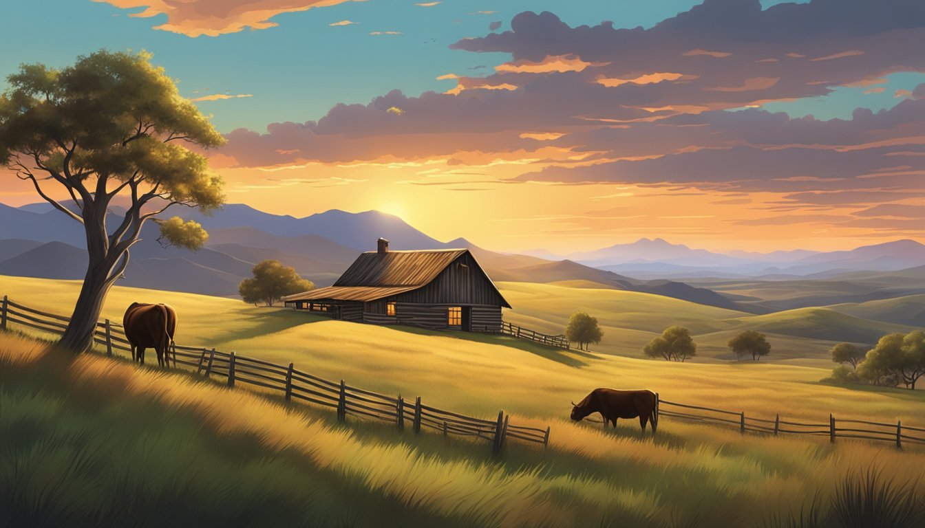 A vast, rugged landscape with rolling hills, grazing cattle, and a rustic ranch house set against a dramatic sunset