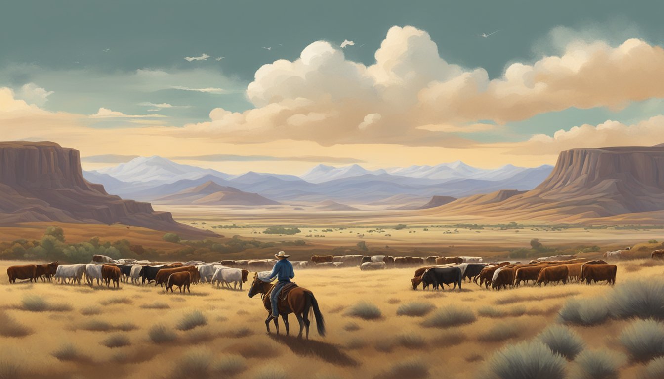 A sprawling western landscape with cattle, horses, and rugged terrain. A lone cowboy herding cattle under a big sky