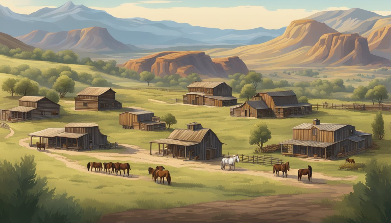 A rugged landscape with rolling hills and a sprawling ranch, featuring iconic western elements like horses, cowboys, and rustic buildings