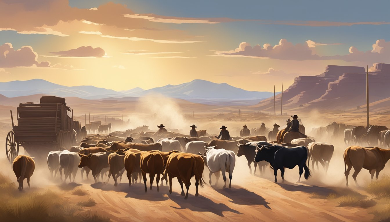 A dramatic showdown between two rival cowboy factions in a dusty, sun-drenched Western town. A herd of cattle and rolling hills in the background