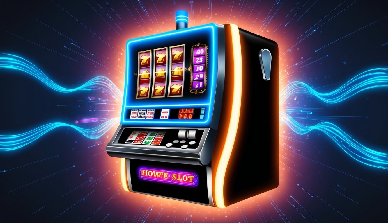 Mesin slot yang bersinar dikelilingi oleh gelombang digital yang berdenyut