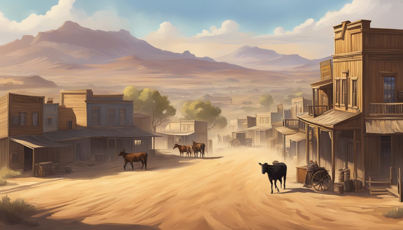 A dusty, sun-drenched Western town with a saloon, cattle, and rugged landscape in the background