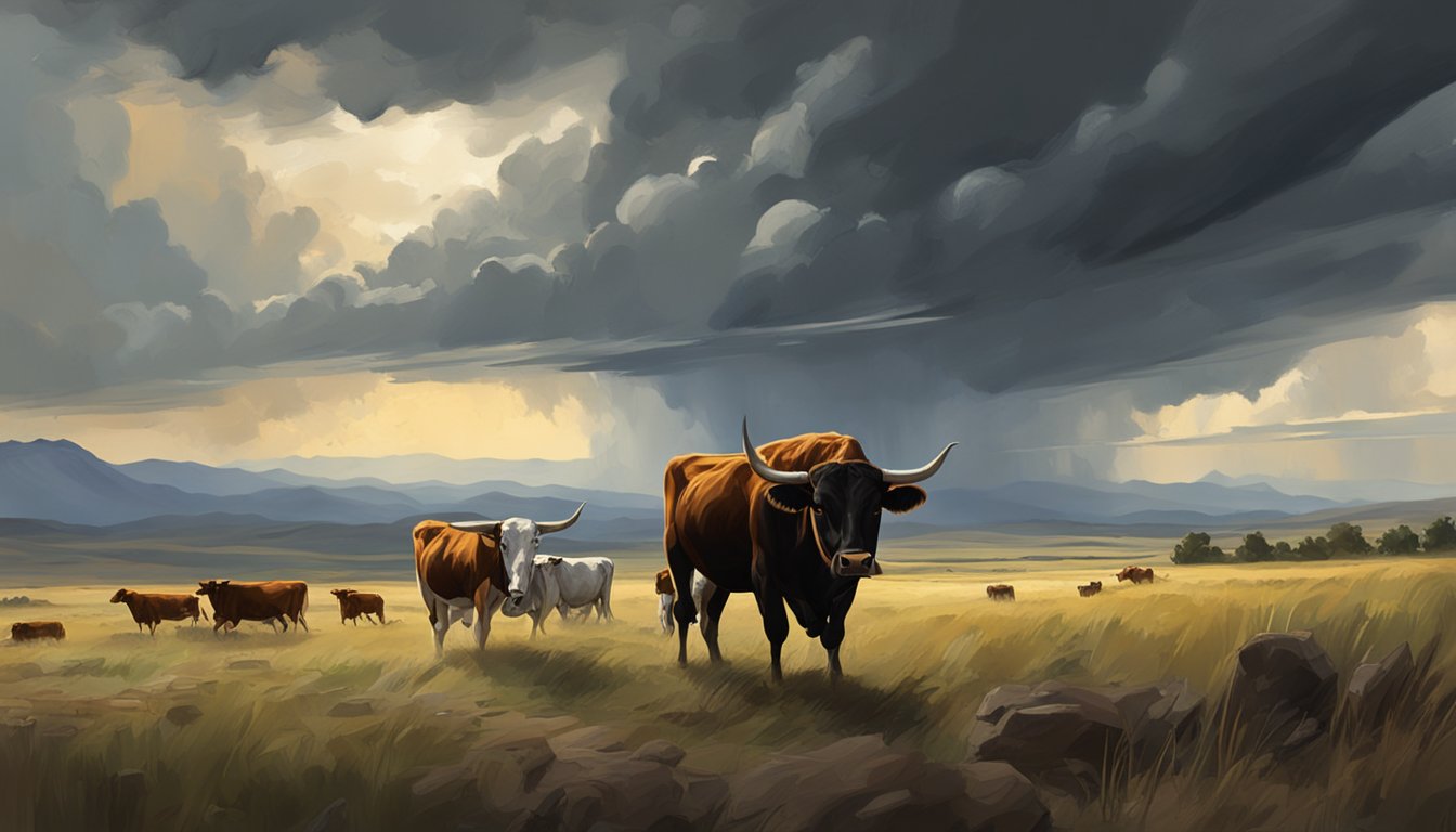 A dramatic showdown between two rival ranches, with cattle grazing in the foreground and a stormy sky looming overhead