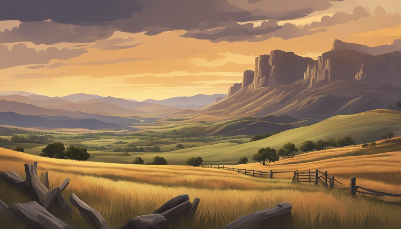 A rugged, expansive western landscape with rolling hills, a ranch, and a dramatic sky