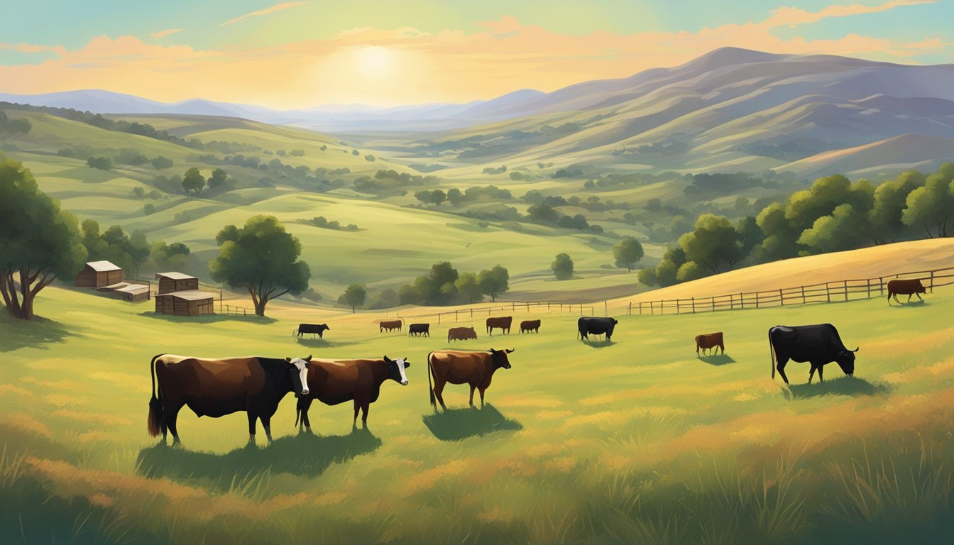 A vast, rugged landscape with rolling hills, a rustic ranch, and a herd of cattle grazing under a big, open sky