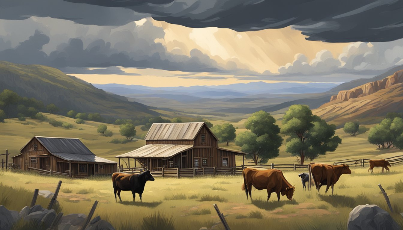 A vast, rugged landscape with rolling hills, grazing cattle, and a rustic ranch house. A stormy sky looms overhead, setting the stage for a showdown between two iconic TV Western shows