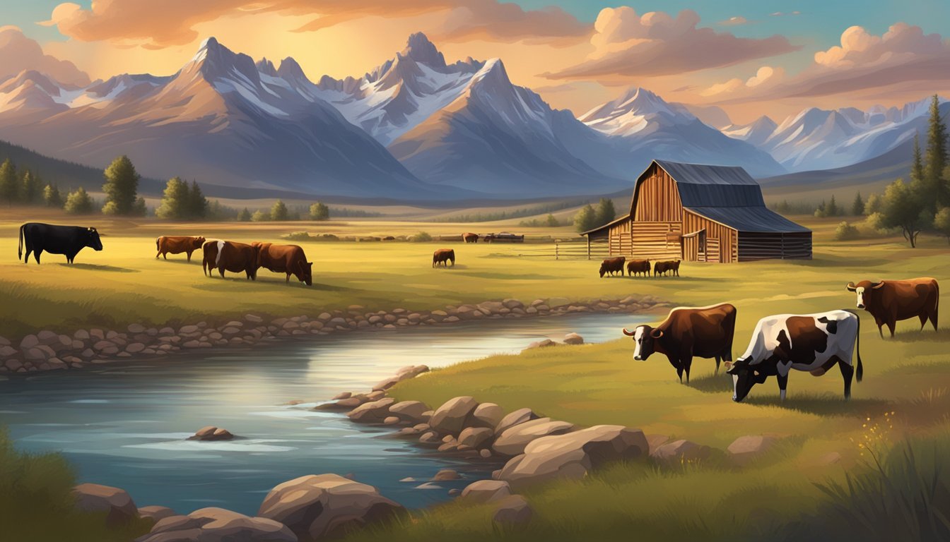 A sprawling ranch landscape with rugged mountains and grazing cattle, featuring a rustic barn and a winding river, under a dramatic sunset sky