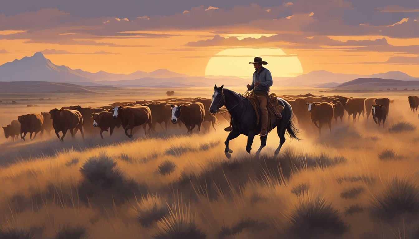 A rugged cowboy on horseback herding cattle through a vast, open prairie at sunset