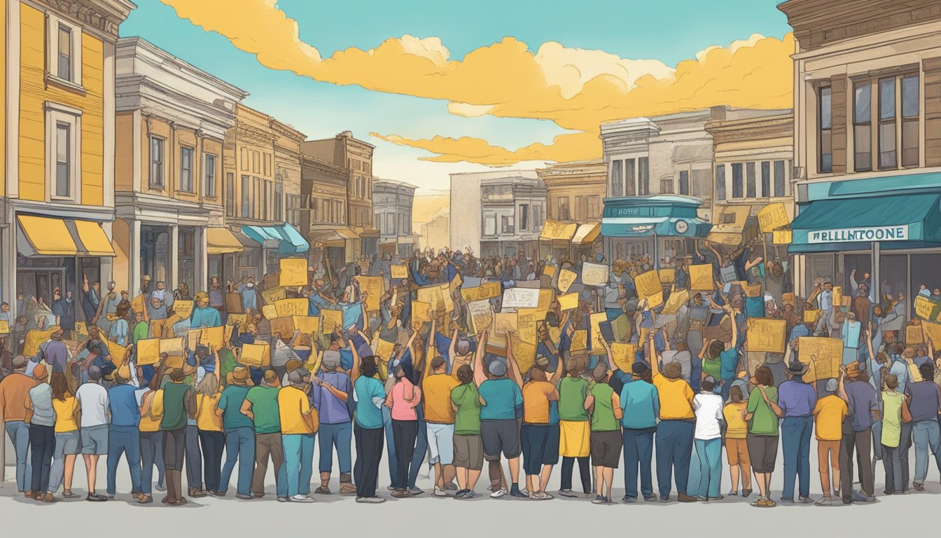 A crowded town square split between fans of "Yellowstone" and "The Big Valley," each group holding signs and shouting their show's name