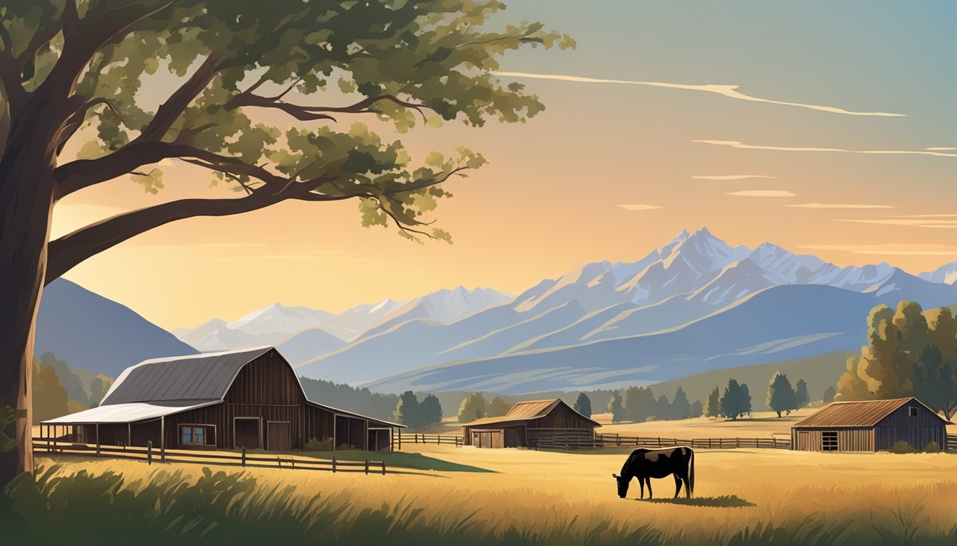 A sprawling ranch with cattle, horses, and rugged terrain. A rustic barn and homestead sit against a backdrop of sweeping mountains and expansive sky