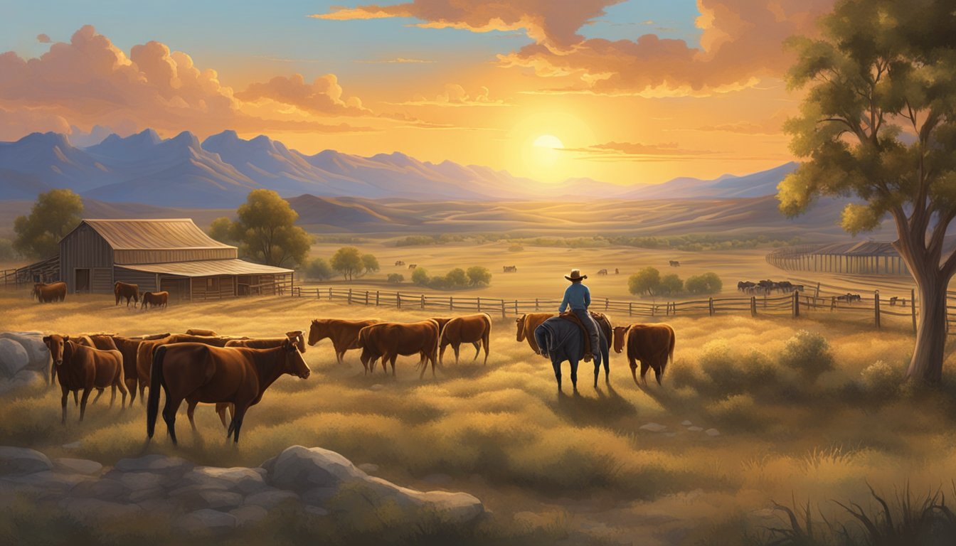 A sprawling ranch landscape with cattle, horses, and cowboys. A dramatic sunset casts a golden glow over the scene