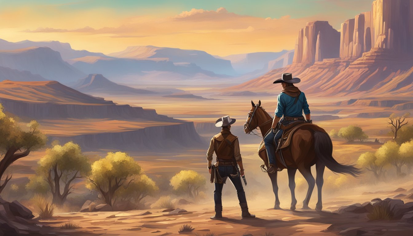 A rugged cowboy and a futuristic bounty hunter face off in a dramatic showdown amidst a picturesque western landscape