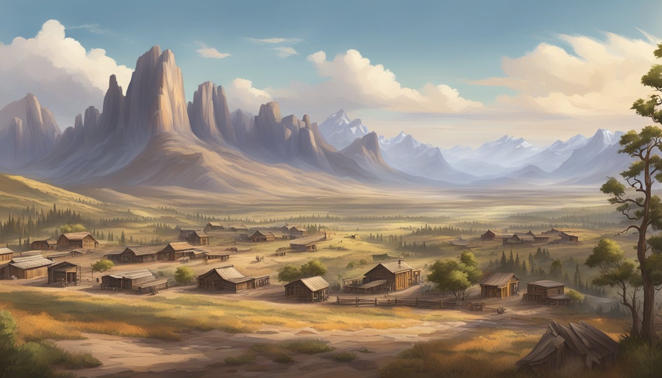 A sprawling western landscape with rugged mountains, rolling plains, and a rustic frontier town nestled among the wild terrain