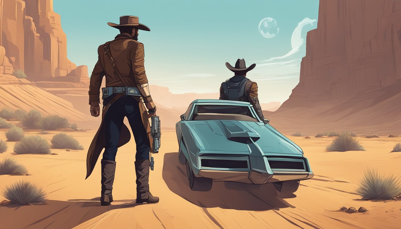 A rugged cowboy and a futuristic bounty hunter face off in a dusty desert canyon, with their respective iconic symbols in the background