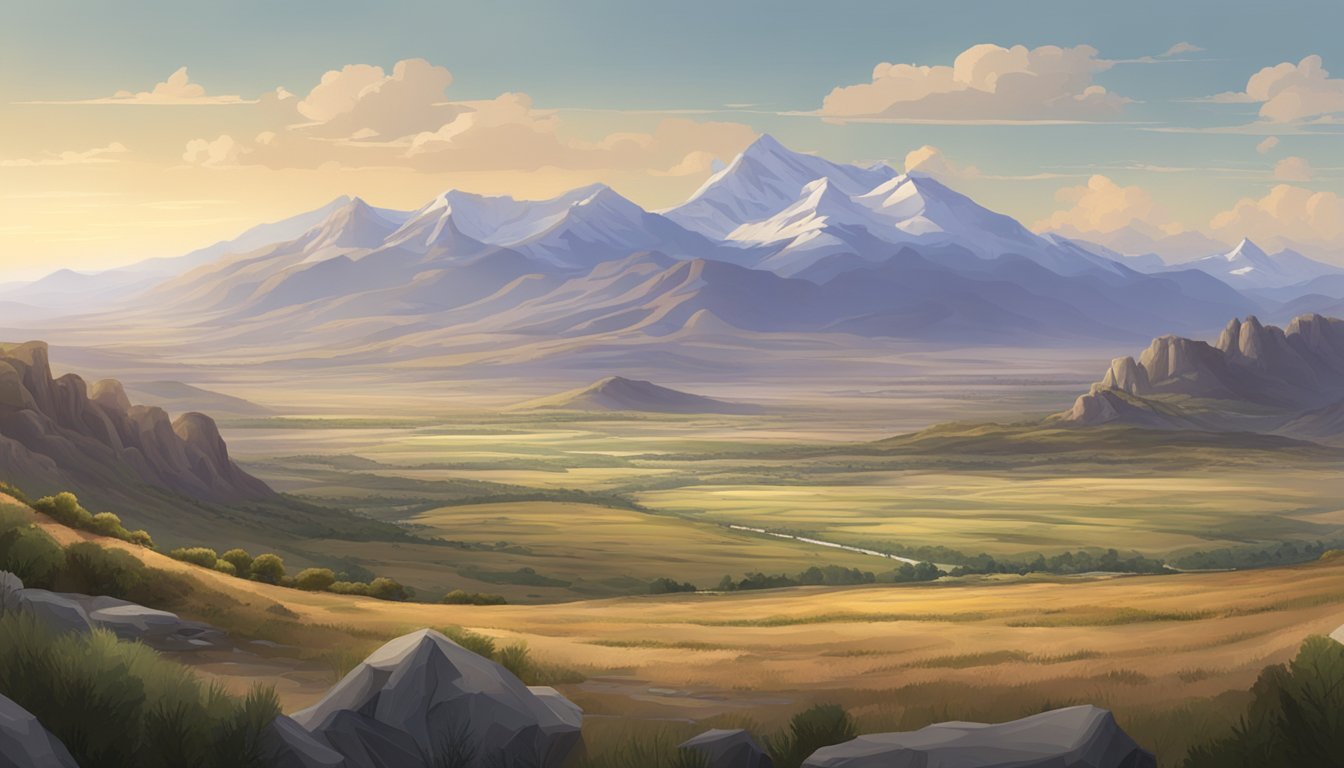 A vast, rugged landscape with a sprawling ranch and mountains in the distance