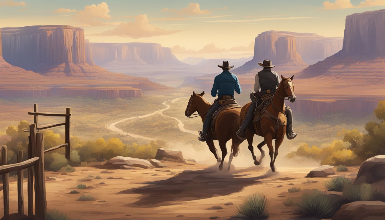 A showdown between two rival TV western shows, with iconic landscapes and characters facing off in a dramatic standoff