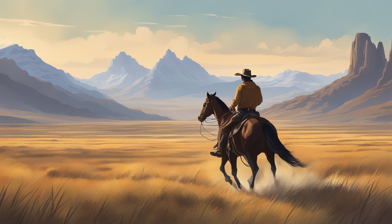 A cowboy riding through a vast, open prairie with rugged mountains in the distance