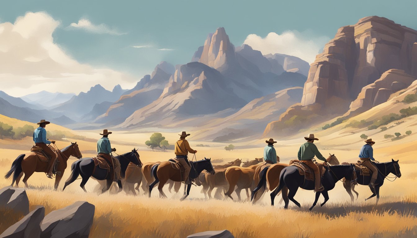 A group of cowboys on horseback riding through a rugged, mountainous landscape with a herd of cattle in the background