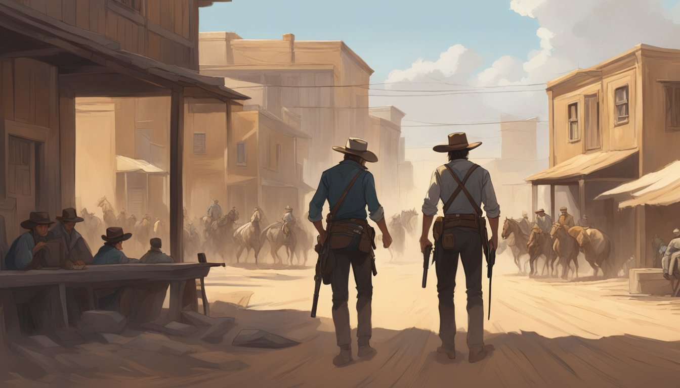 A tense standoff between two rival groups in a dusty, sun-drenched Western town. The atmosphere crackles with anticipation as the two sides prepare for a showdown