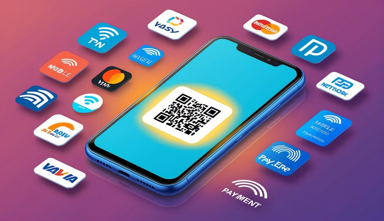 Sebuah smartphone dengan layar yang bercahaya menampilkan kode QR, dikelilingi oleh berbagai logo jaringan seluler dan simbol metode pembayaran yang berbeda