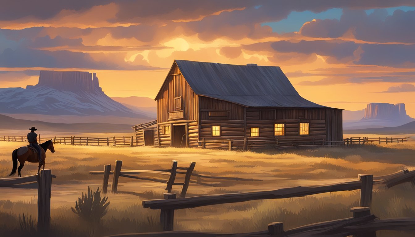 A rugged, picturesque western landscape with iconic elements such as horses, cowboys, and rustic buildings, set against a dramatic sky at sunset