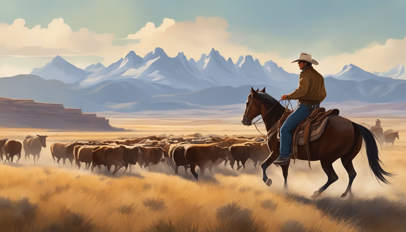 A rugged cowboy on horseback herding cattle through a vast, open prairie with mountains in the distance