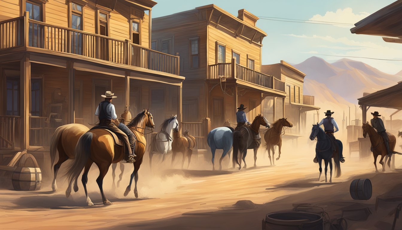 A dusty, sun-drenched western town with a saloon, horses tied up outside, and a dramatic showdown between two rival factions