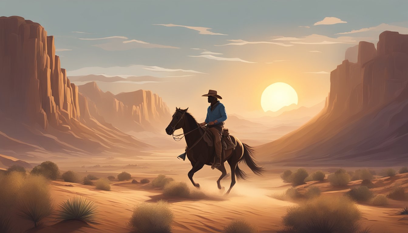 A dusty desert landscape with a lone cowboy riding a horse, surrounded by rugged mountains and a setting sun