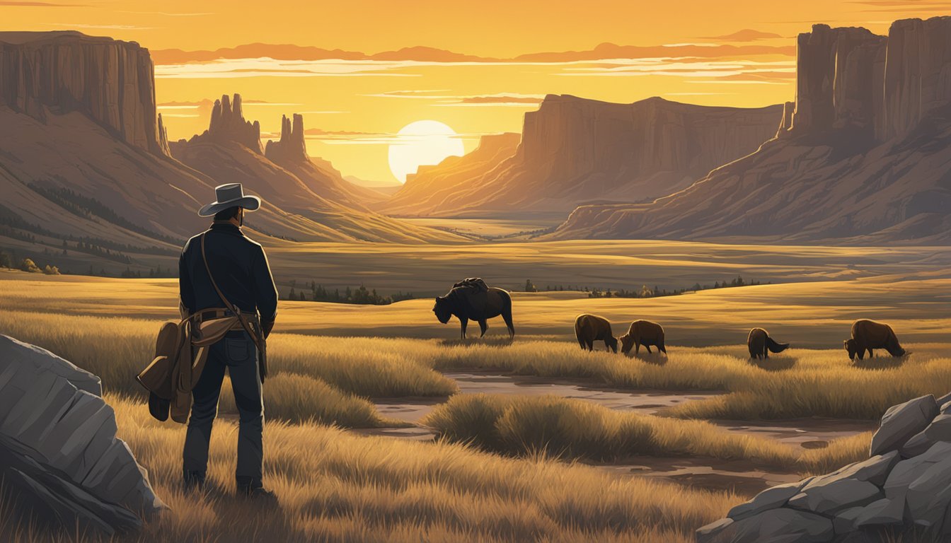 A dramatic showdown between two TV show logos, Yellowstone and The Son, set against a rugged western landscape with a sunset backdrop