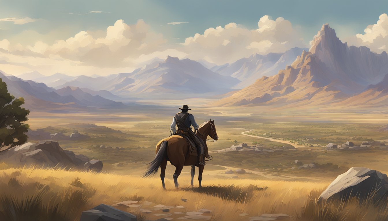 A tense standoff between two rival western towns, set against a backdrop of rugged mountains and vast open plains