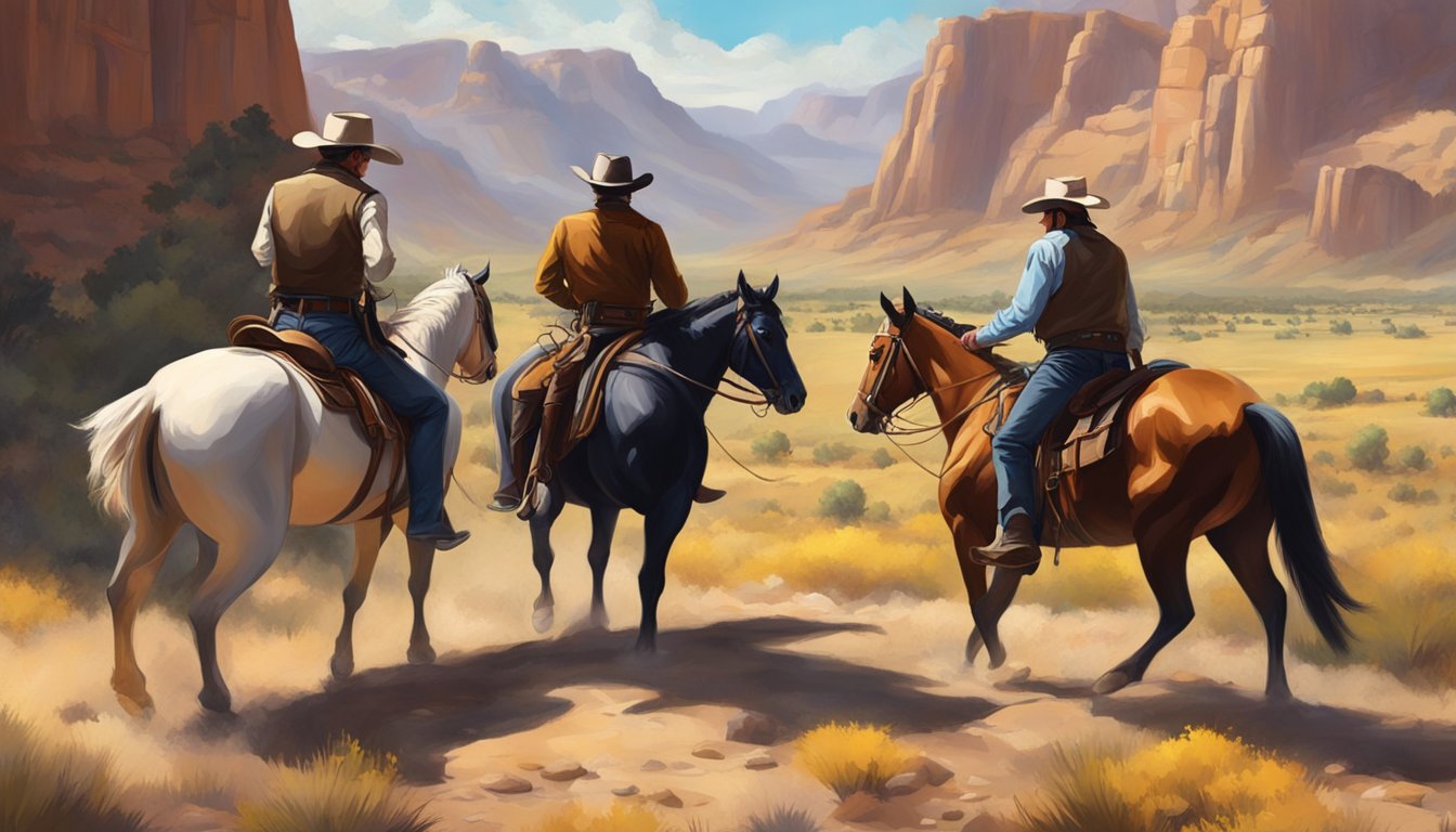 A tense standoff between two rival ranches, set against the backdrop of the rugged American West, with dramatic lighting and intense expressions