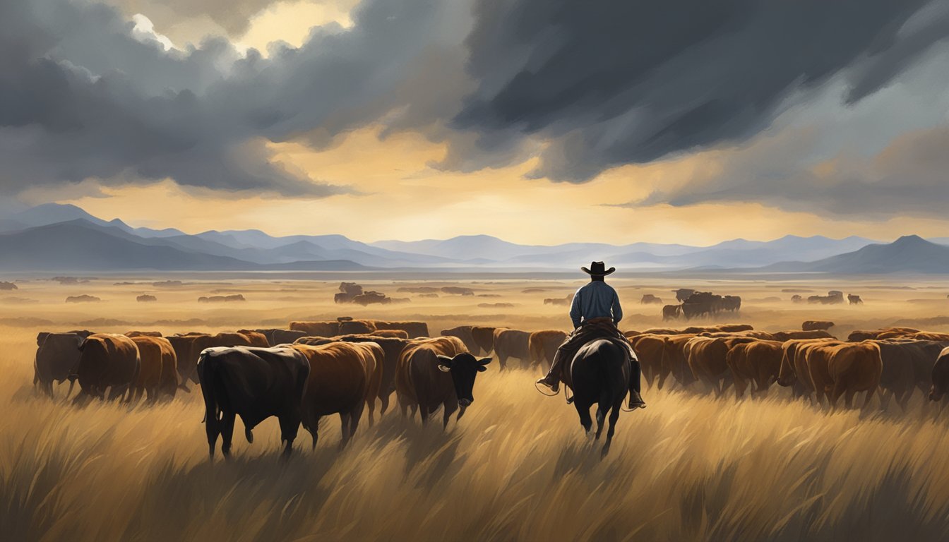 A rugged cowboy riding through a vast, open prairie with a herd of cattle in the background, under a dramatic, stormy sky