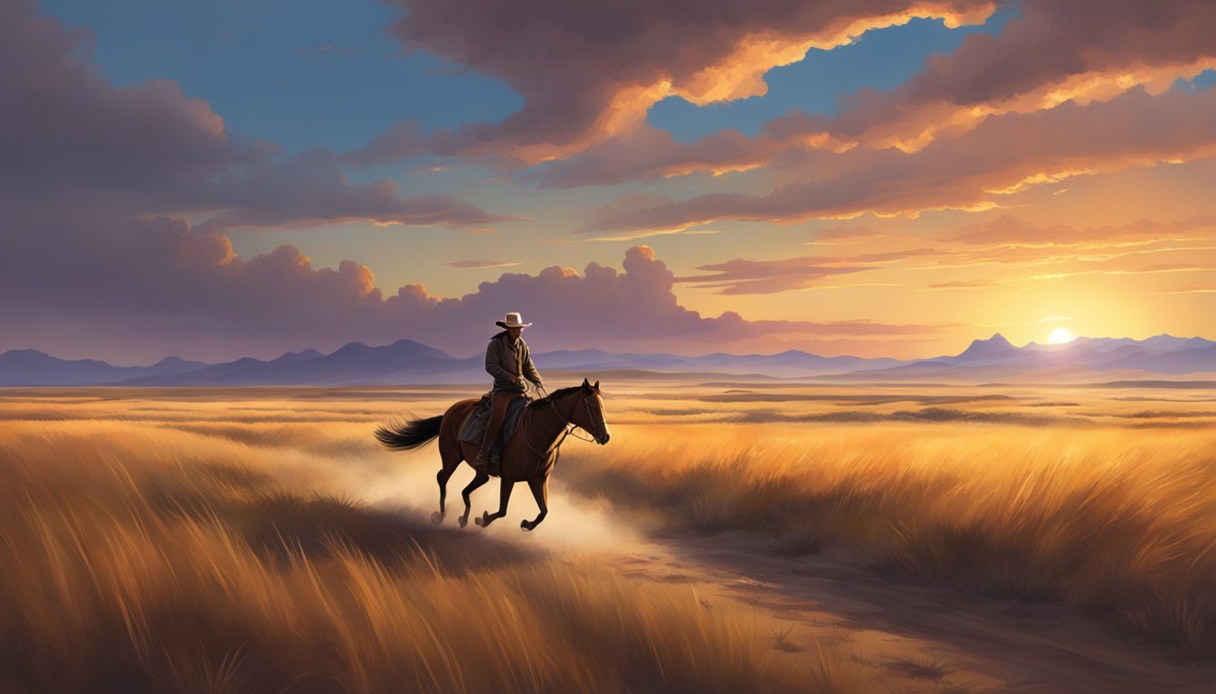 A rugged cowboy riding a horse through a vast, open prairie with a dramatic sunset in the background