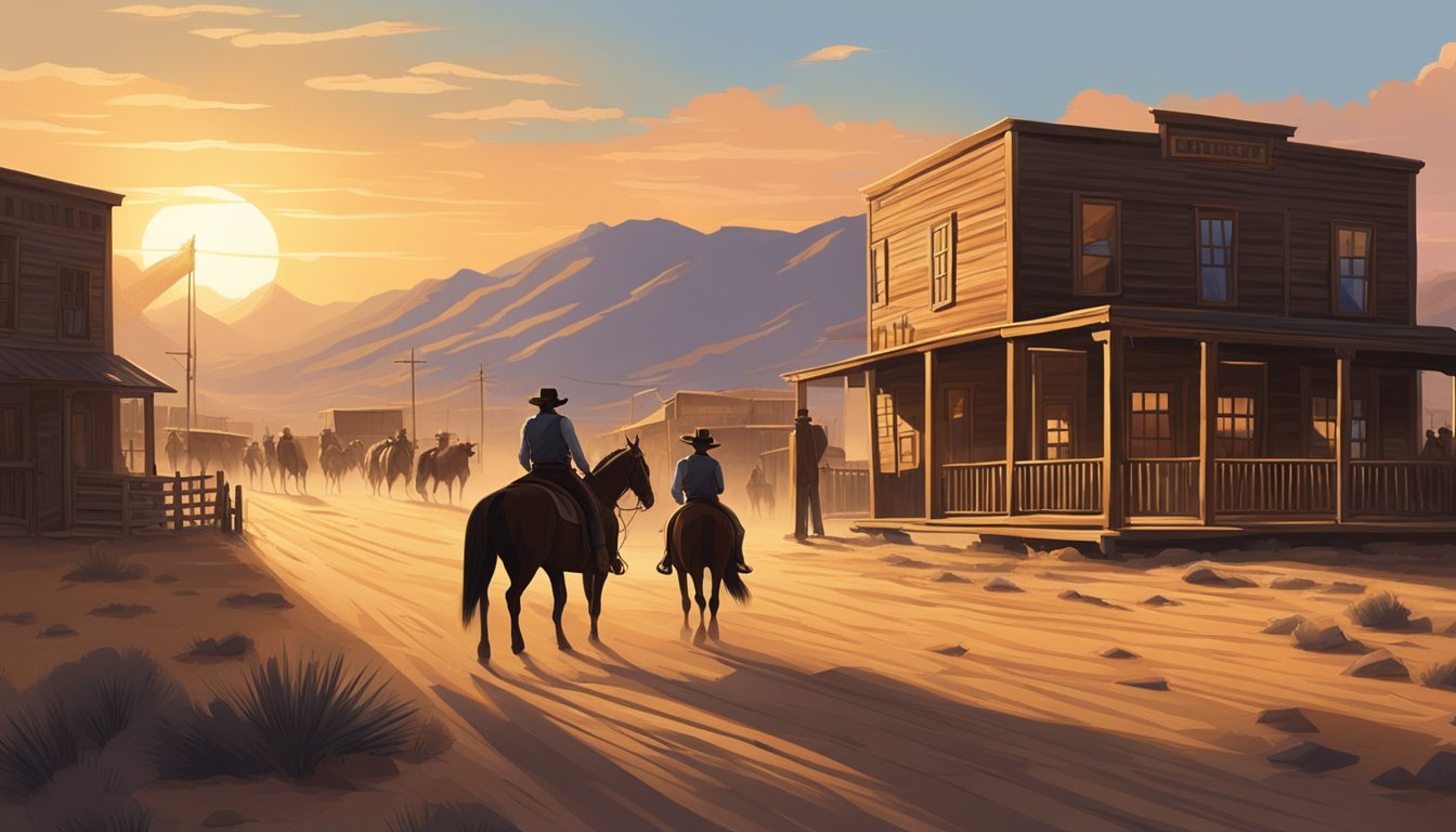 A tense standoff in a dusty western town, with a saloon on one side and a rugged ranch on the other. The sun sets behind the mountains, casting long shadows over the scene