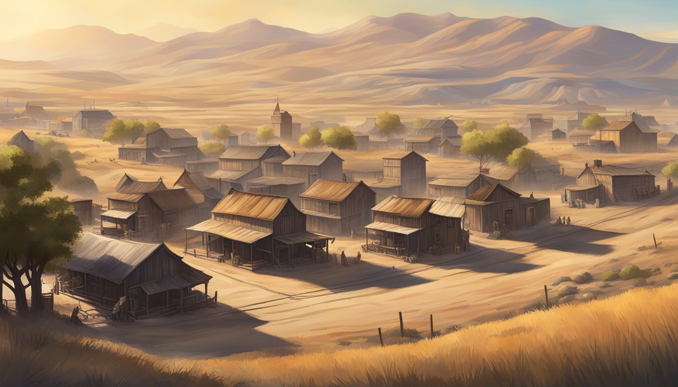 A dusty, sun-drenched western town with rugged buildings and a backdrop of rolling hills and open plains