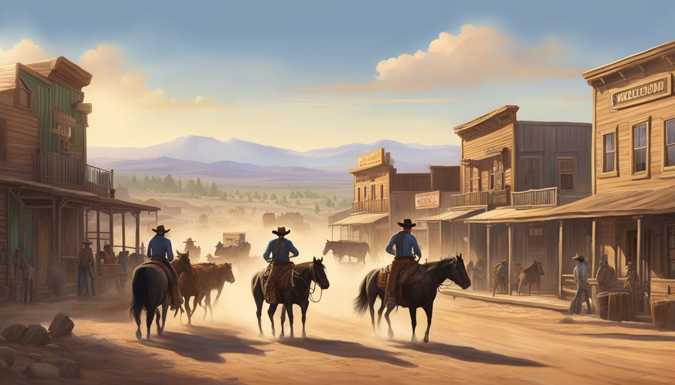 A dusty, sun-drenched western town with a saloon and a cattle ranch in the background. A lone cowboy on horseback rides through the main street, while a group of cowboys gather outside the saloon