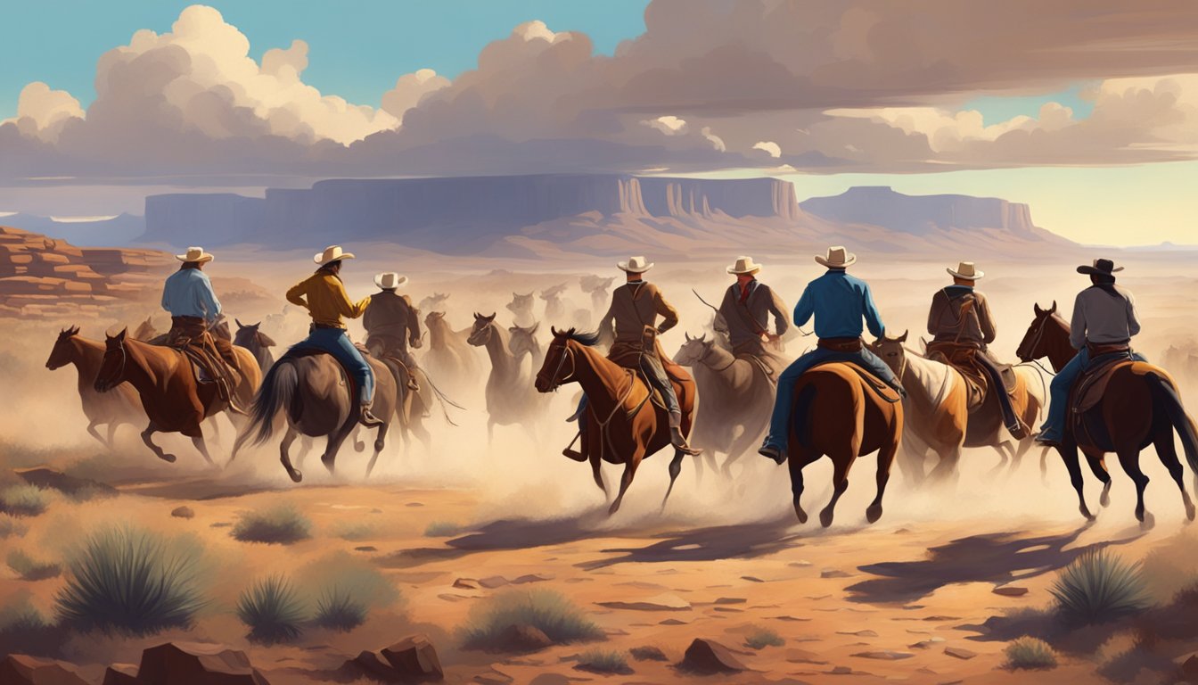 A dramatic showdown between a herd of cattle and a group of cowboys on horseback in the vast, rugged landscape of the American West