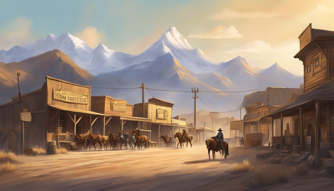 A dusty, sun-drenched Western town with a saloon, horses tied to hitching posts, and rugged mountains in the background