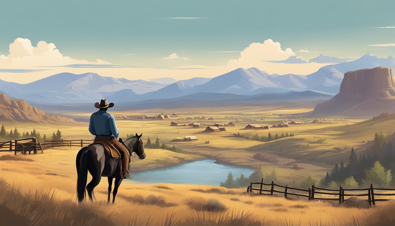 A rugged Western landscape with a sprawling cattle ranch and a small frontier town. A lone cowboy on horseback surveys the scene, with mountains in the distance