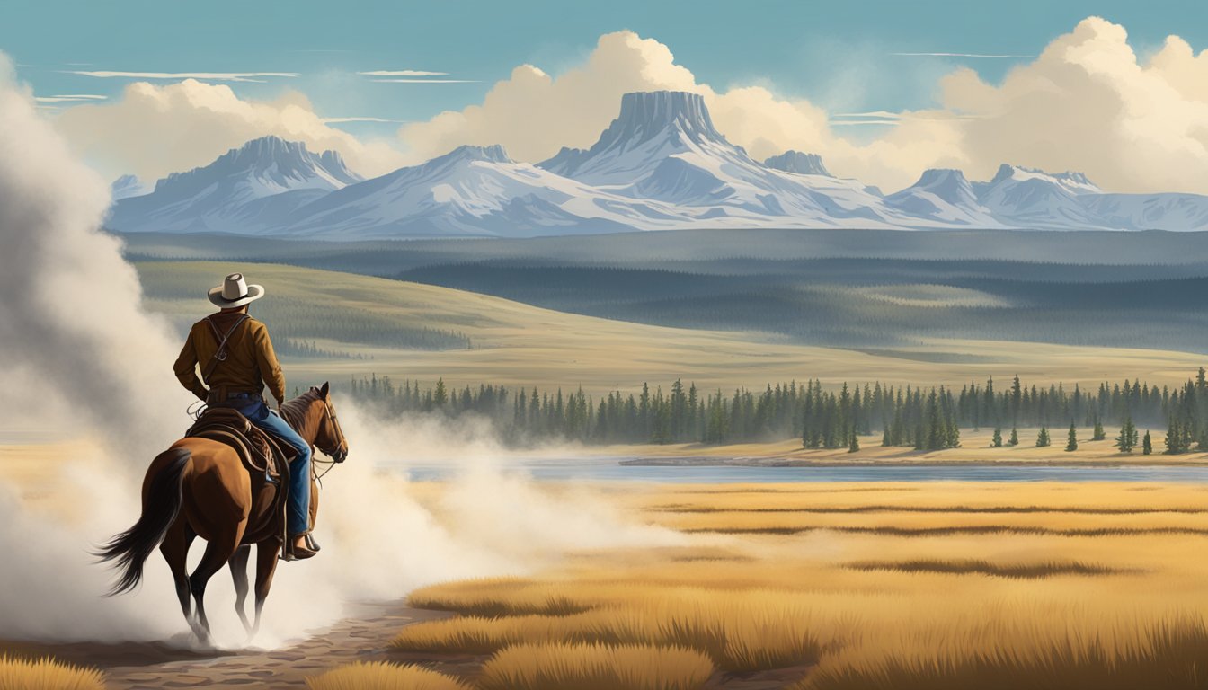 A rugged cowboy rides through the vast, open plains of Yellowstone, with the iconic mountains and geysers in the background